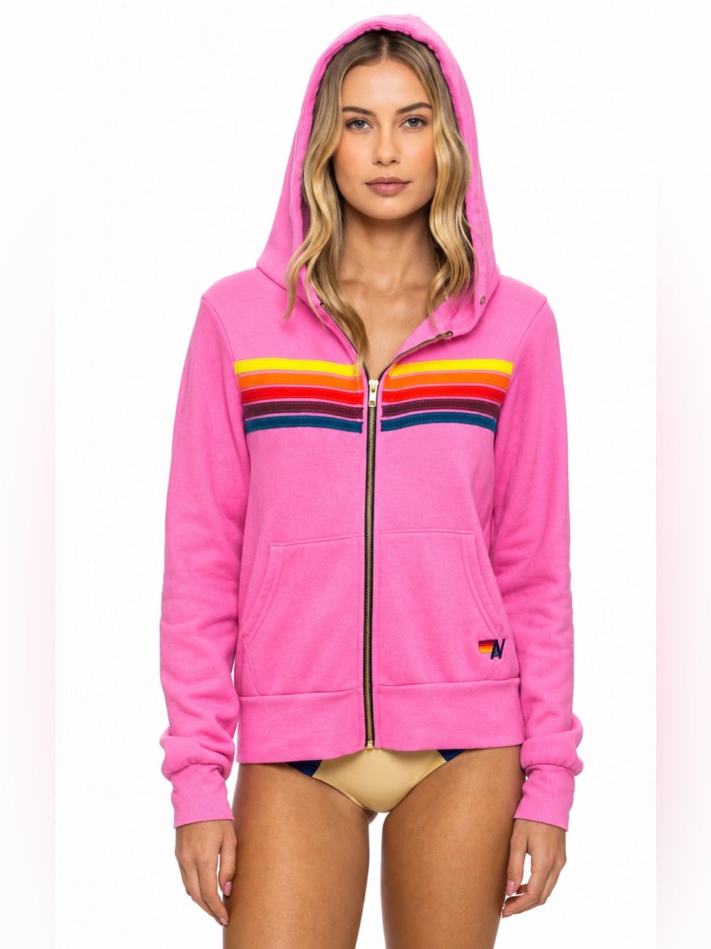 Aviator Nation 5 Stripe zip-up neon pink hoodie size XS